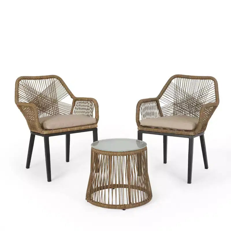 Russel 3pc Outdoor Wicker 2 Seater Chat Set: Flared Design, Glass Tabletop - Christopher Knight Home