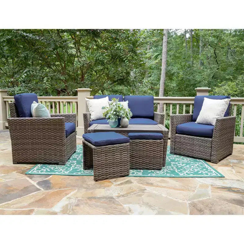 Salon de jardin en osier 6 places Newton Leisure Made, tissu bleu marine