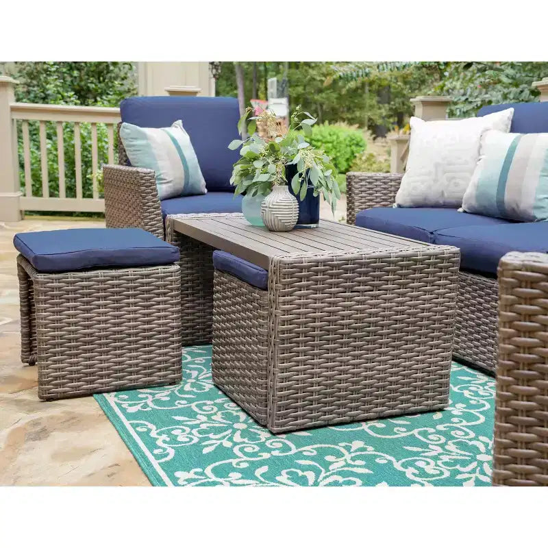 Salon de jardin en osier 6 places Newton Leisure Made, tissu bleu marine