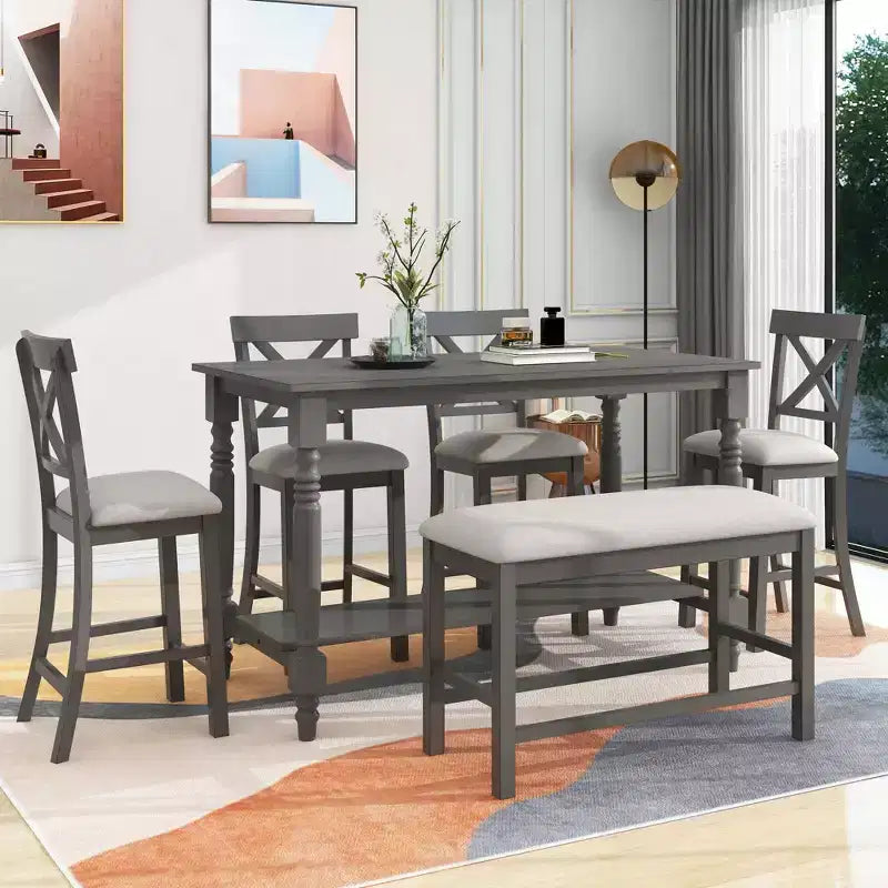 Ensemble de salle à manger Whisen 6 pièces hauteur comptoir avec étagère, 4 chaises et un banc