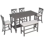 Ensemble de salle à manger Whisen 6 pièces hauteur comptoir avec étagère, 4 chaises et un banc