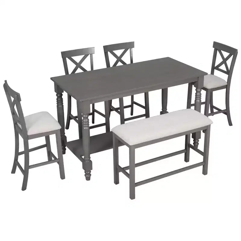 Ensemble de salle à manger Whisen 6 pièces hauteur comptoir avec étagère, 4 chaises et un banc