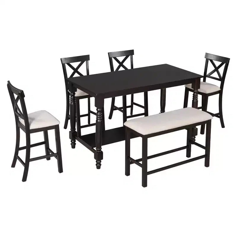 Ensemble de salle à manger Whisen 6 pièces hauteur comptoir avec étagère, 4 chaises et un banc