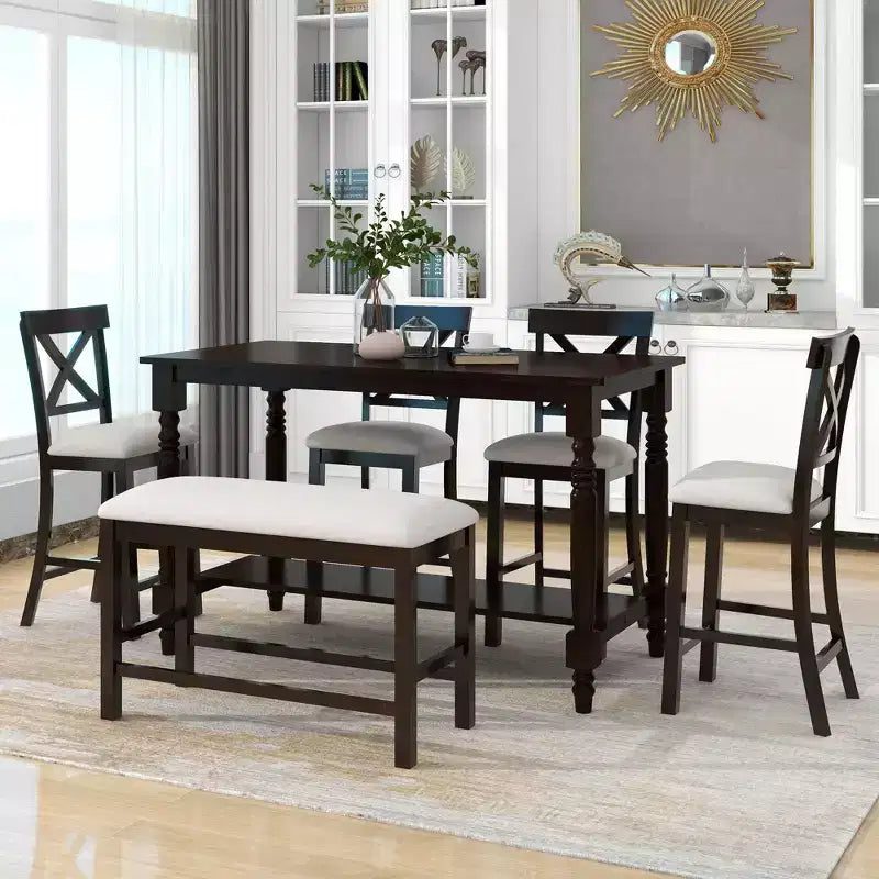Whisen 6-Piece Counter Height Dining Table Set with Shelf 4 Chairs and Bench