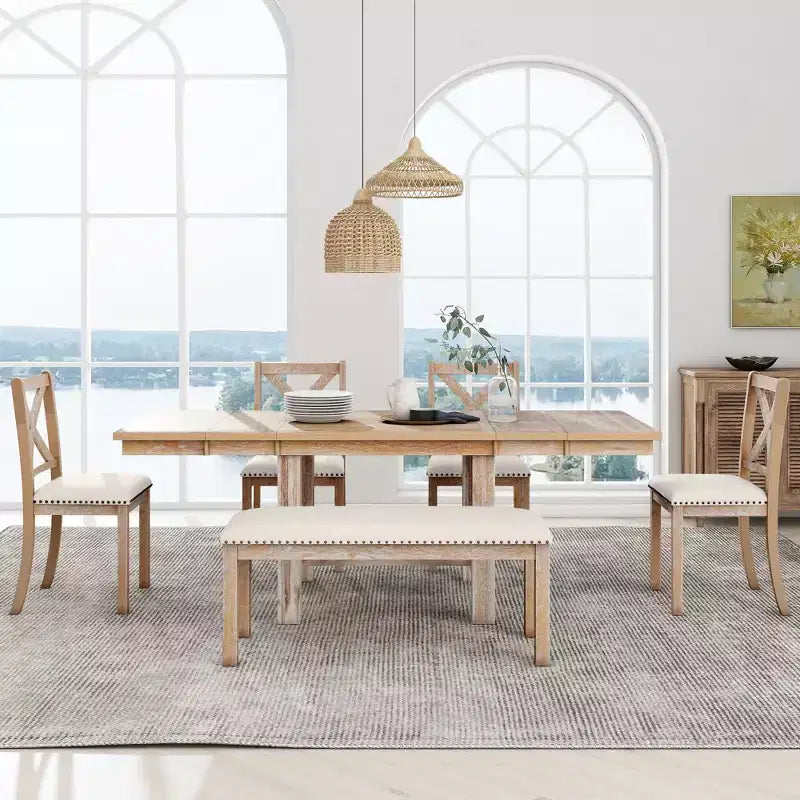 Table à manger extensible 6 pièces Whisen Farmhouse avec 4 chaises rembourrées et un banc
