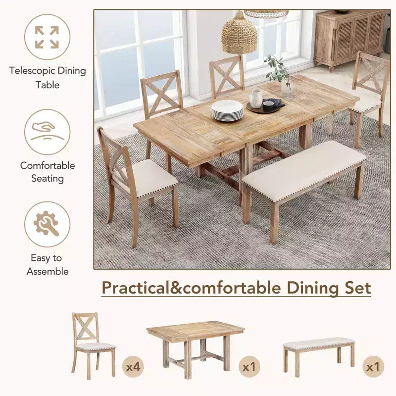Table à manger extensible 6 pièces Whisen Farmhouse avec 4 chaises rembourrées et un banc