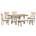 Table à manger extensible 6 pièces Whisen Farmhouse avec 4 chaises rembourrées et un banc