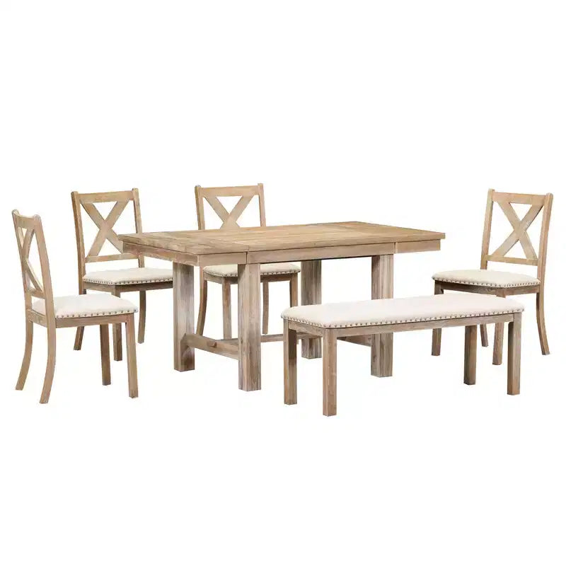 Table à manger extensible 6 pièces Whisen Farmhouse avec 4 chaises rembourrées et un banc