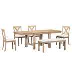 Table à manger extensible 6 pièces Whisen Farmhouse avec 4 chaises rembourrées et un banc