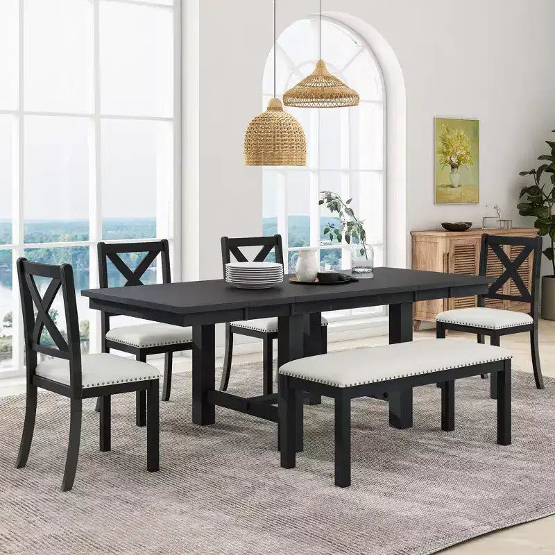 Table à manger extensible 6 pièces Whisen Farmhouse avec 4 chaises rembourrées et un banc