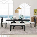 Table à manger extensible 6 pièces Whisen Farmhouse avec 4 chaises rembourrées et un banc