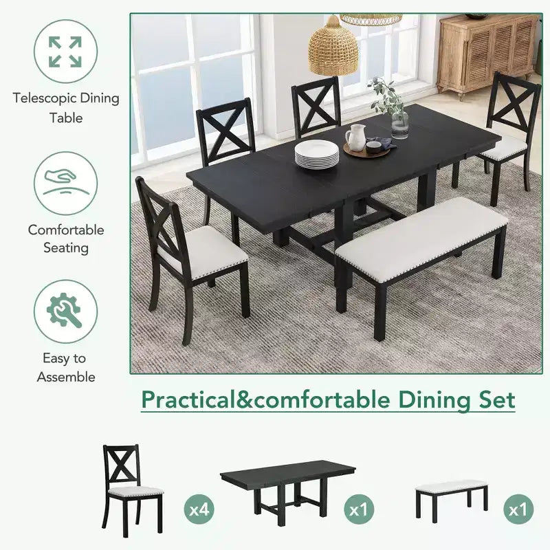 Table à manger extensible 6 pièces Whisen Farmhouse avec 4 chaises rembourrées et un banc