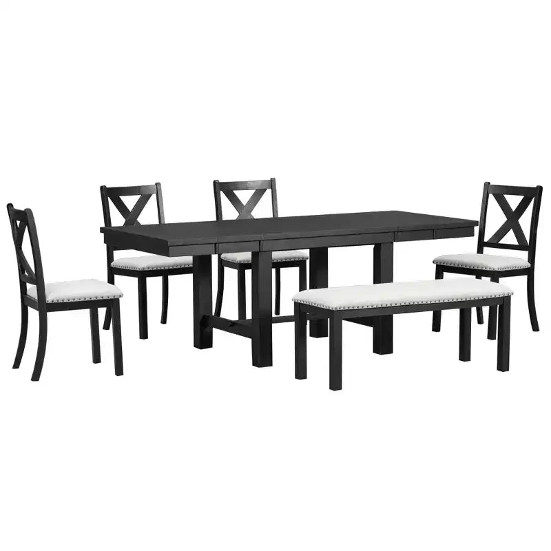 Table à manger extensible 6 pièces Whisen Farmhouse avec 4 chaises rembourrées et un banc