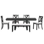Table à manger extensible 6 pièces Whisen Farmhouse avec 4 chaises rembourrées et un banc
