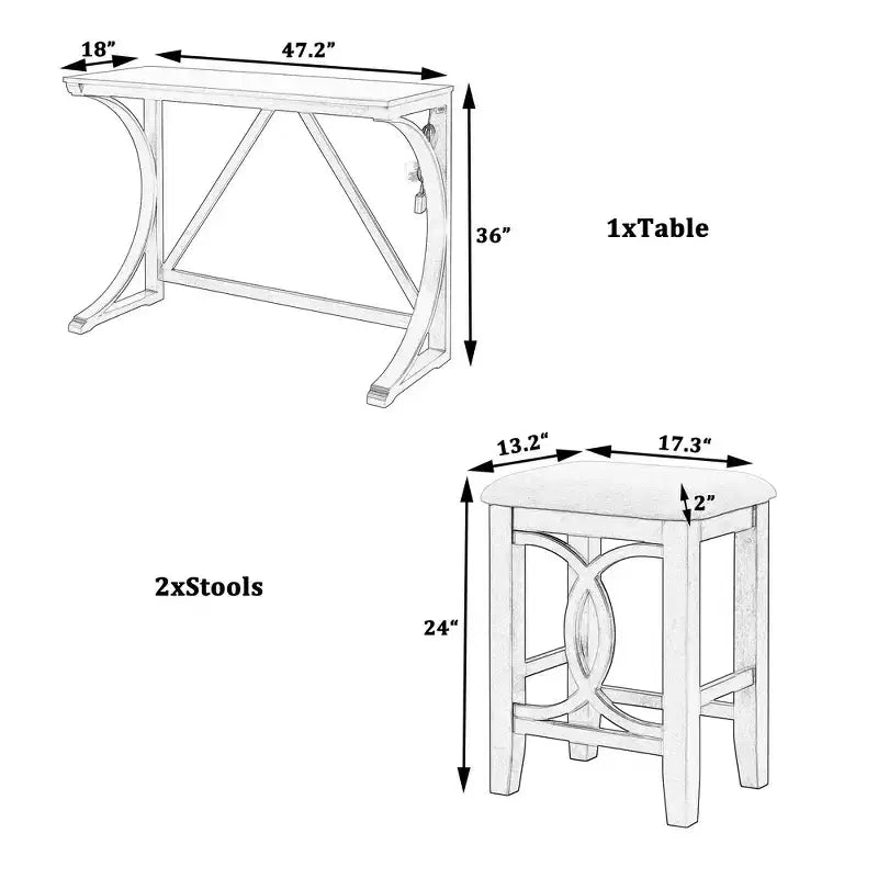 Ensemble de salle à manger 3 pièces Whisen Farmhouse hauteur comptoir avec port USB et tabourets rembourrés