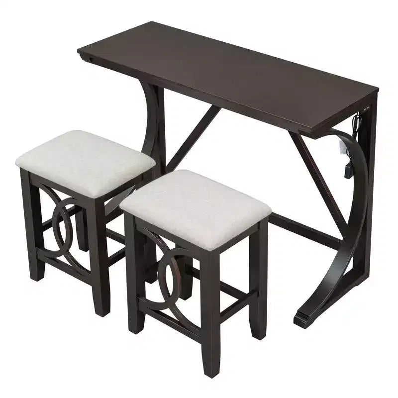 Ensemble de salle à manger 3 pièces Whisen Farmhouse hauteur comptoir avec port USB et tabourets rembourrés