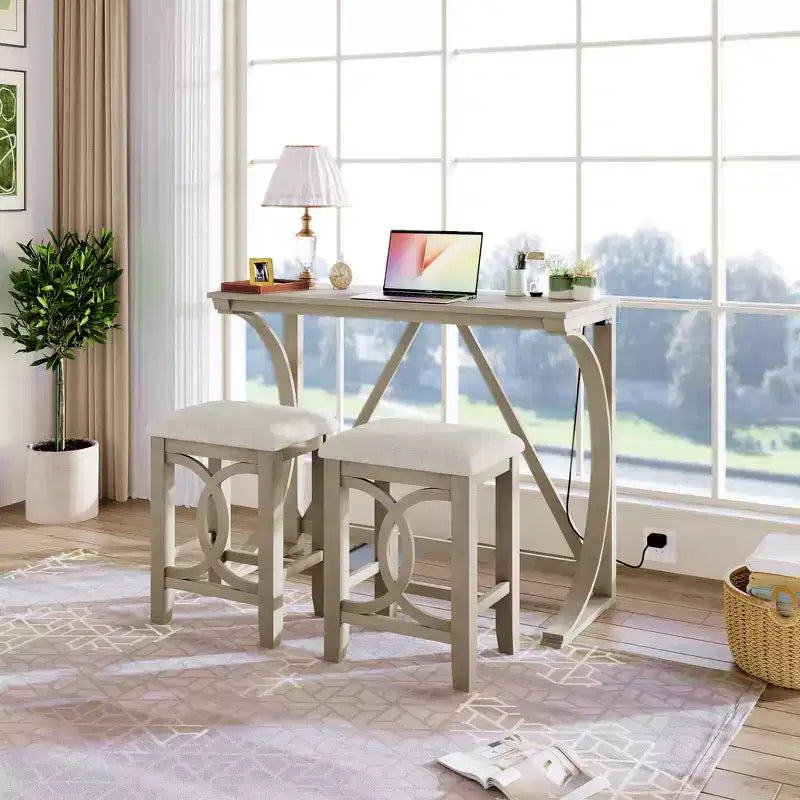 Whisen Farmhouse 3-Piece Counter Height Dining Table Set with USB Port and Upholstered Stools