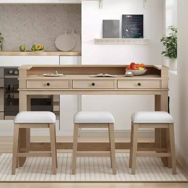 Ensemble table de bar Whisen 4 pièces avec 3 tabourets rembourrés et 3 tiroirs