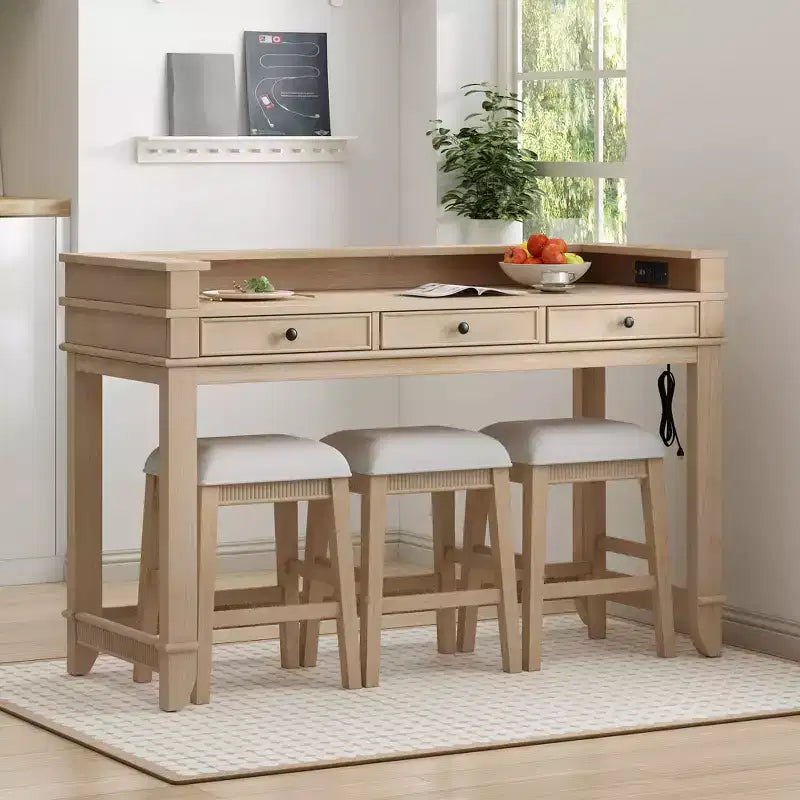 Ensemble table de bar Whisen 4 pièces avec 3 tabourets rembourrés et 3 tiroirs