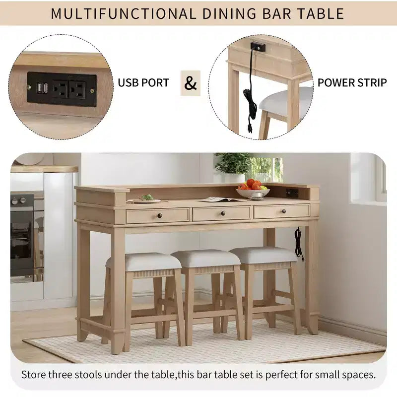 Ensemble table de bar Whisen 4 pièces avec 3 tabourets rembourrés et 3 tiroirs