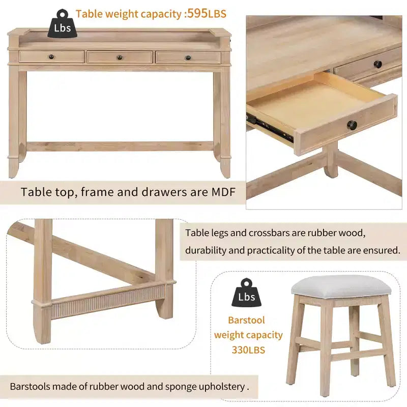 Ensemble table de bar Whisen 4 pièces avec 3 tabourets rembourrés et 3 tiroirs