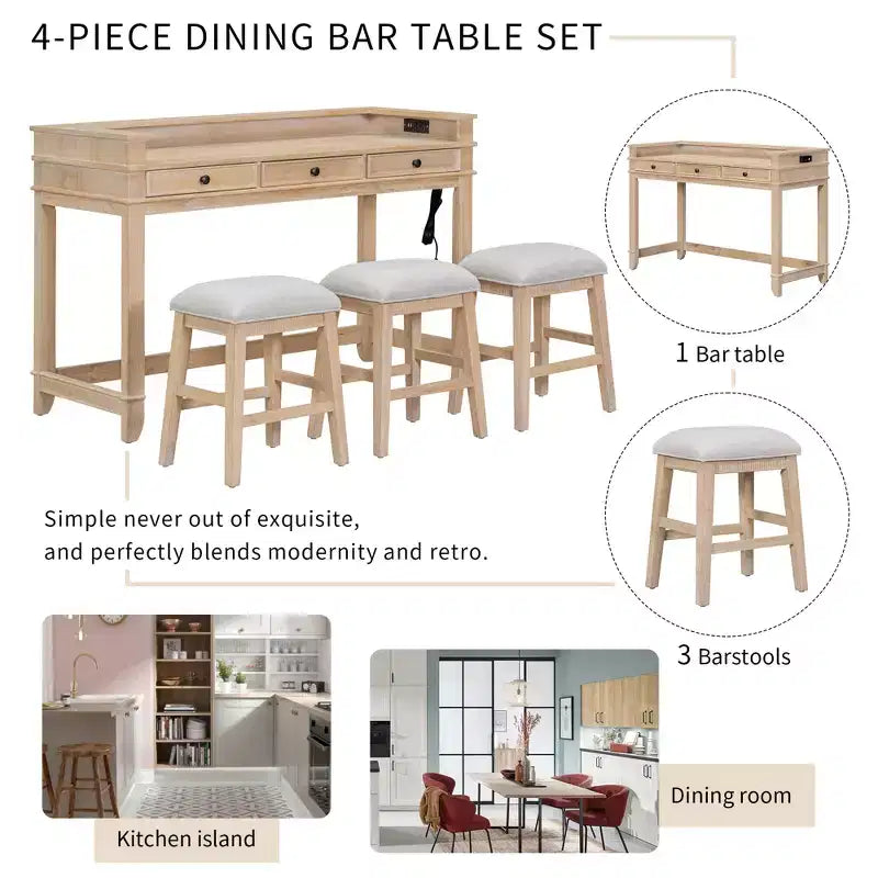 Ensemble table de bar Whisen 4 pièces avec 3 tabourets rembourrés et 3 tiroirs