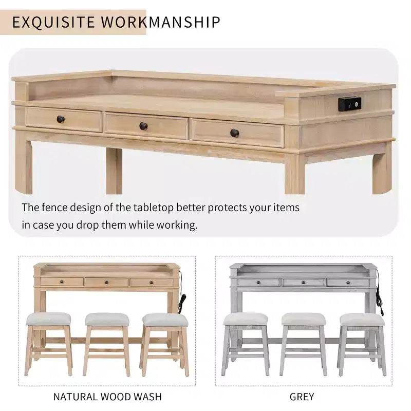 Ensemble table de bar Whisen 4 pièces avec 3 tabourets rembourrés et 3 tiroirs