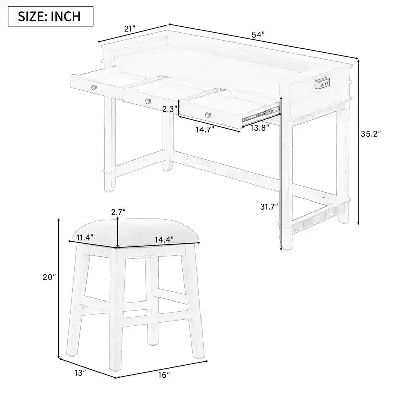 Ensemble table de bar Whisen 4 pièces avec 3 tabourets rembourrés et 3 tiroirs