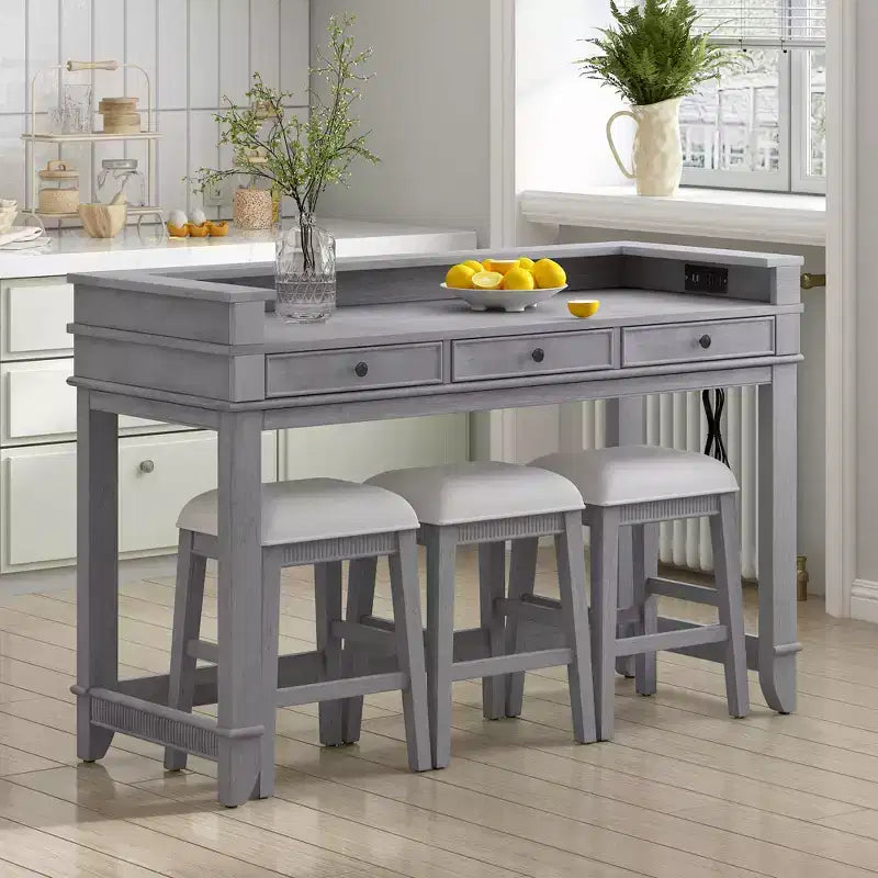 Ensemble table de bar Whisen 4 pièces avec 3 tabourets rembourrés et 3 tiroirs