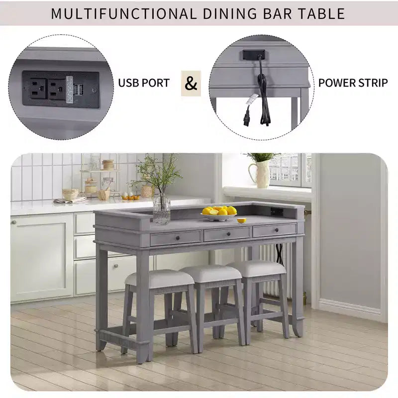 Ensemble table de bar Whisen 4 pièces avec 3 tabourets rembourrés et 3 tiroirs