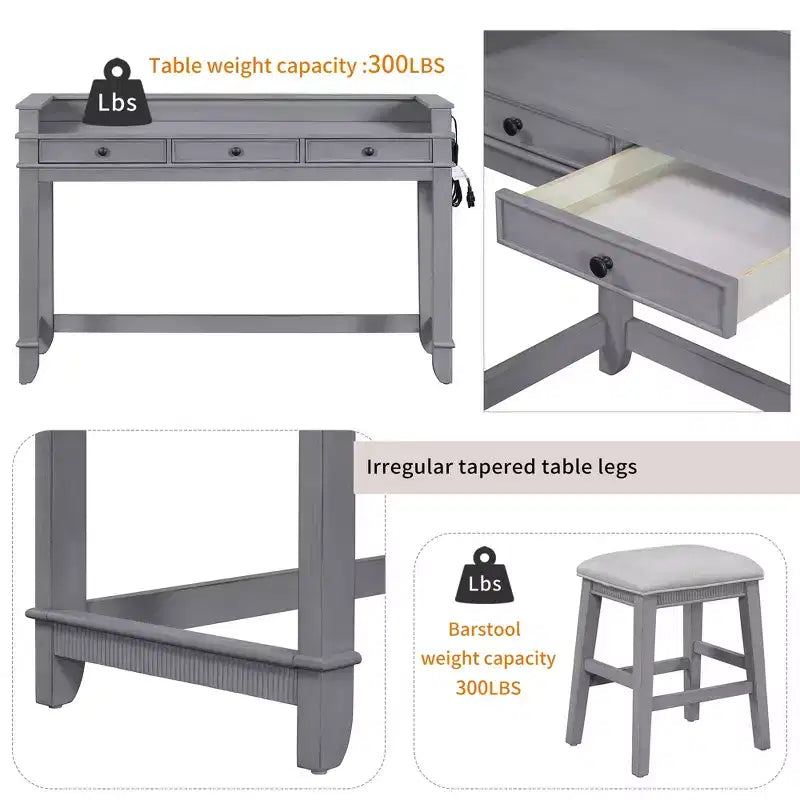 Ensemble table de bar Whisen 4 pièces avec 3 tabourets rembourrés et 3 tiroirs
