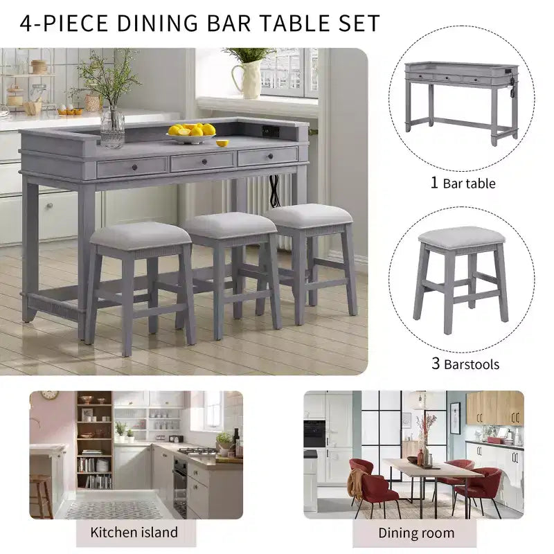 Ensemble table de bar Whisen 4 pièces avec 3 tabourets rembourrés et 3 tiroirs