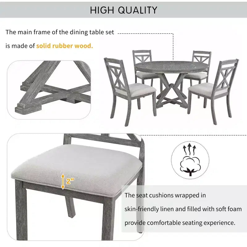 Ensemble de salle à manger Whisen 5 pièces avec table en bois extensible et 4 chaises rembourrées