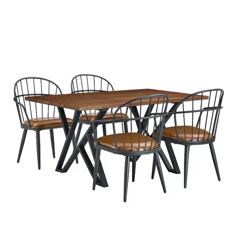 Christopher Knight Home Crest 5 Pieces Modern Faux Leather Dining Set with Metal Base, Brown/Walnut/ Black