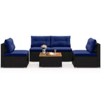 Ensemble de meubles d'extérieur Costway 5 pièces avec coussins d'assise et de dossier Plateau en bois d'acacia Bleu/Noir