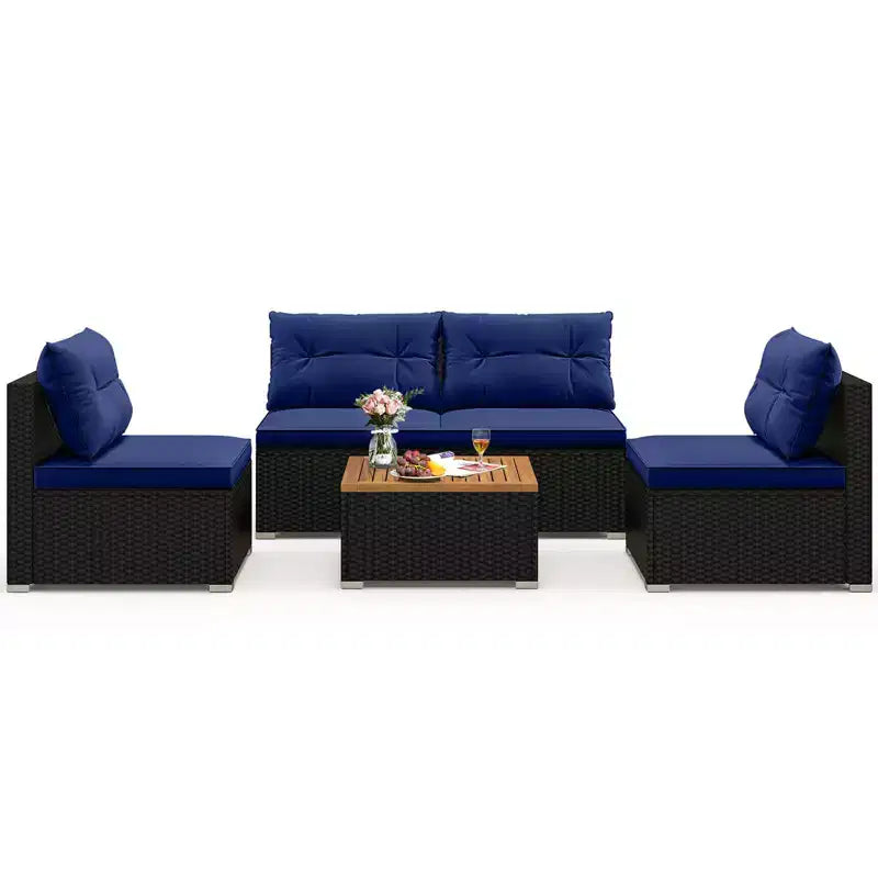 Ensemble de meubles d'extérieur Costway 5 pièces avec coussins d'assise et de dossier Plateau en bois d'acacia Bleu/Noir
