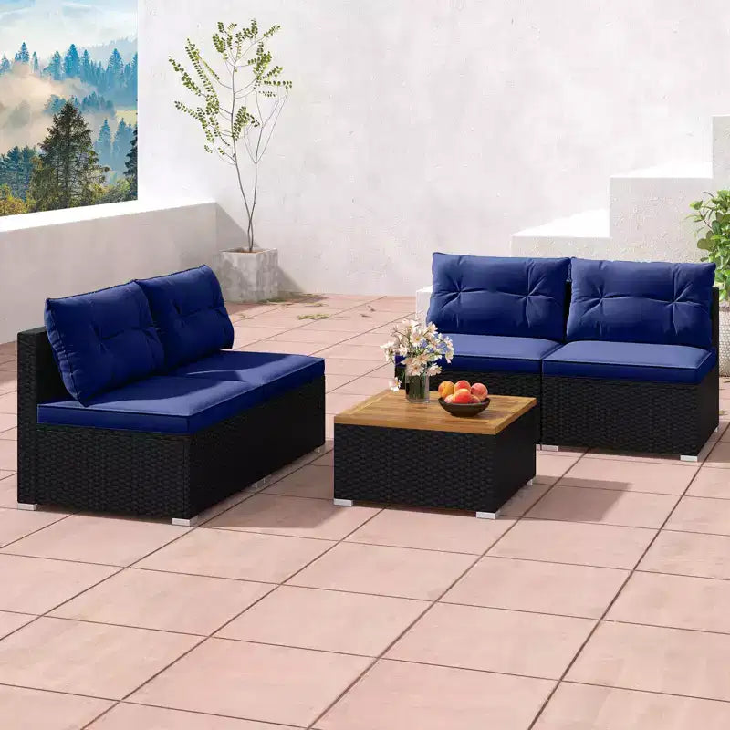 Ensemble de meubles d'extérieur Costway 5 pièces avec coussins d'assise et de dossier Plateau en bois d'acacia Bleu/Noir