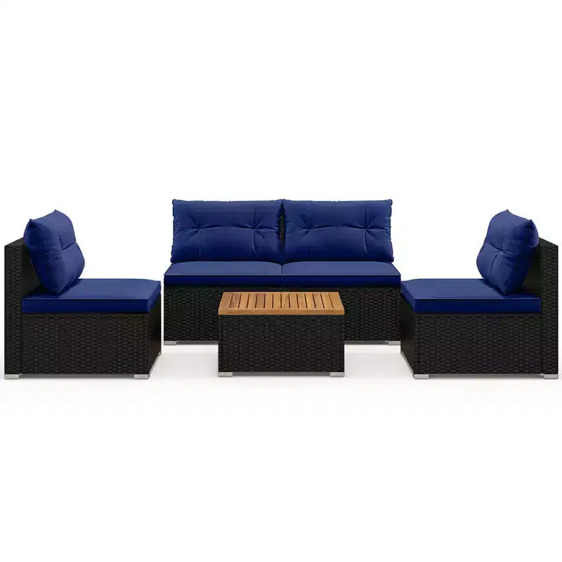 Ensemble de meubles d'extérieur Costway 5 pièces avec coussins d'assise et de dossier Plateau en bois d'acacia Bleu/Noir