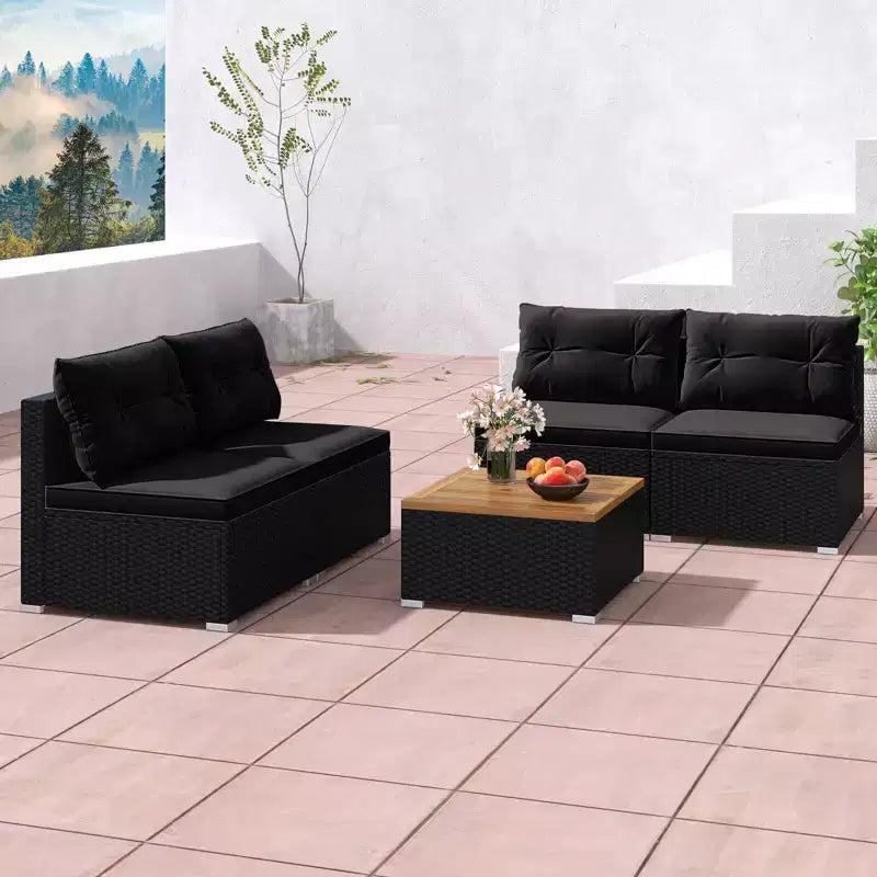 Ensemble de meubles d'extérieur Costway 5 pièces avec coussins d'assise et de dossier Plateau en bois d'acacia Bleu/Noir