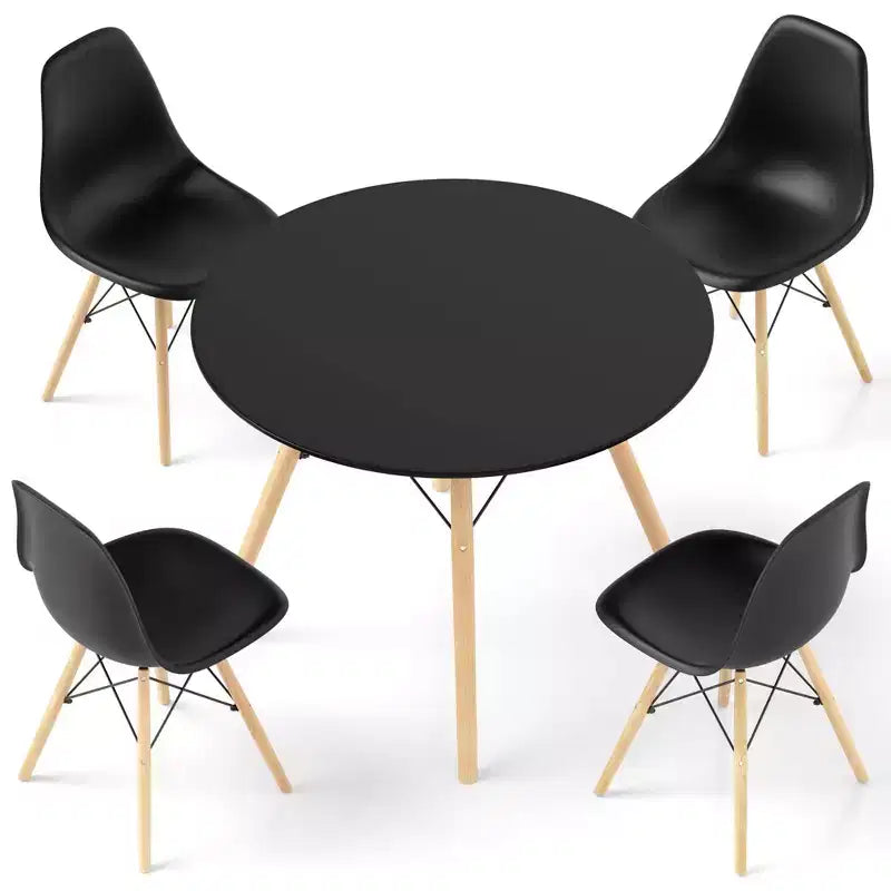 Costway Ensemble de table à manger moderne 5 pièces pour 4 personnes Table de salle à manger ronde avec pieds en bois massif Noir/Marron/Blanc