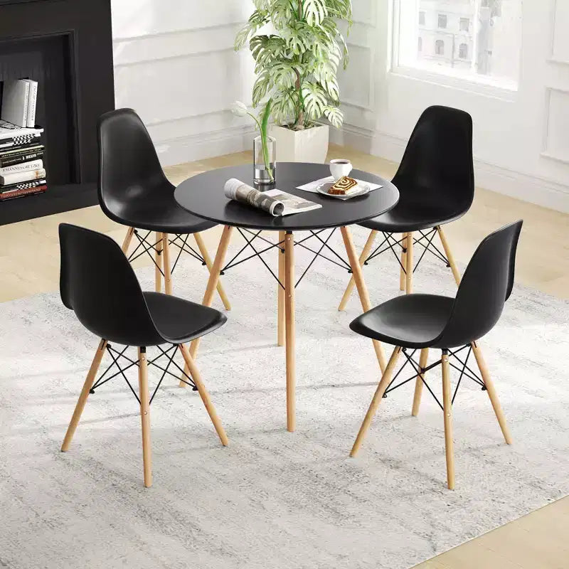 Costway Ensemble de table à manger moderne 5 pièces pour 4 personnes Table de salle à manger ronde avec pieds en bois massif Noir/Marron/Blanc