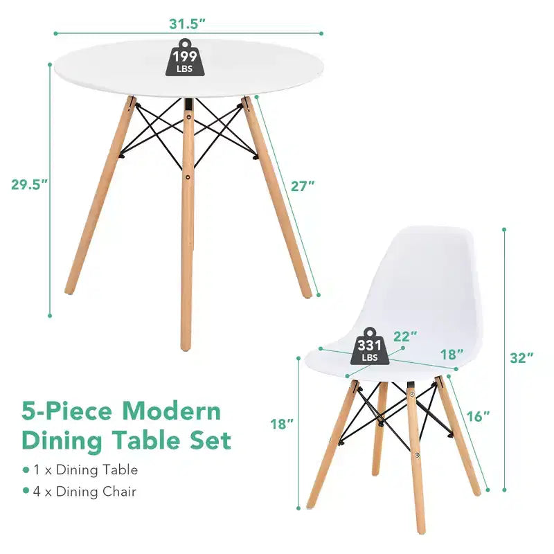 Costway Ensemble de table à manger moderne 5 pièces pour 4 personnes Table de salle à manger ronde avec pieds en bois massif Noir/Marron/Blanc