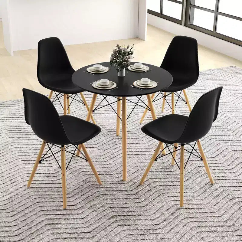 Costway Ensemble de table à manger moderne 5 pièces pour 4 personnes Table de salle à manger ronde avec pieds en bois massif Noir/Marron/Blanc