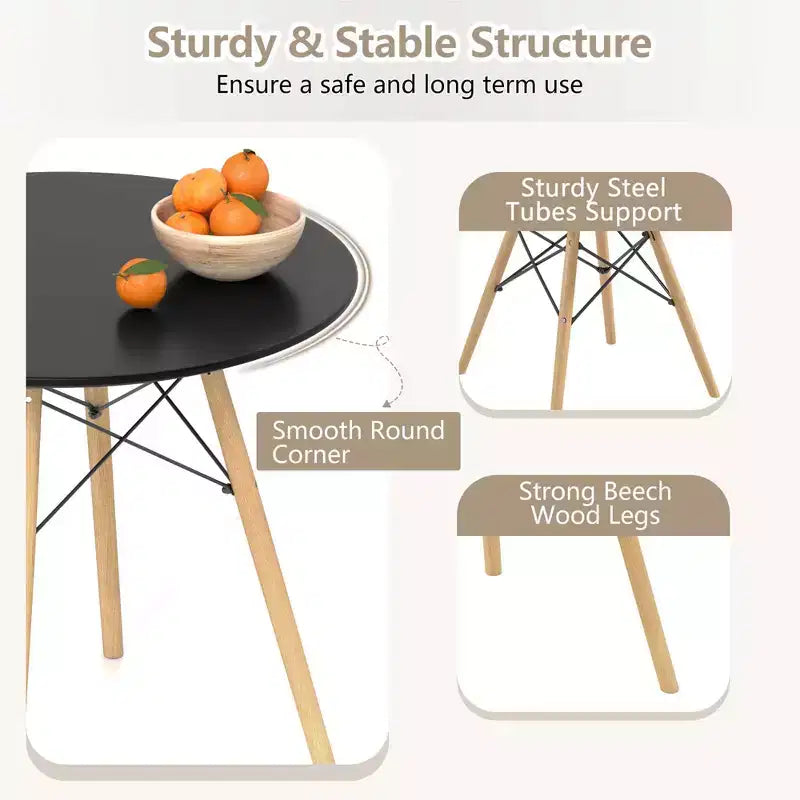 Costway Ensemble de table à manger moderne 5 pièces pour 4 personnes Table de salle à manger ronde avec pieds en bois massif Noir/Marron/Blanc