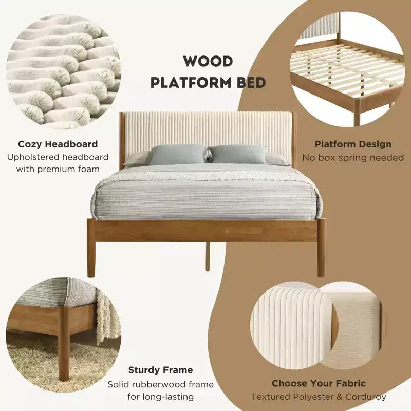 Ensemble de chambre à coucher 2 pièces en bois d'hévéa Vichy Roundhill Furniture, lit plateforme avec table de chevet