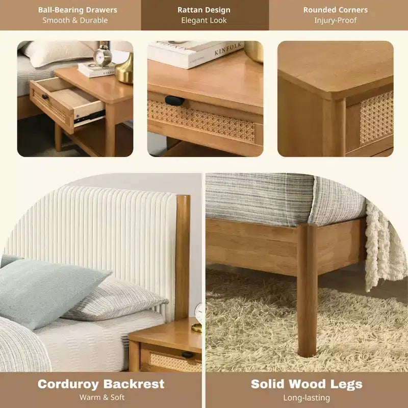 Ensemble de chambre à coucher 2 pièces en bois d'hévéa Vichy Roundhill Furniture, lit plateforme avec table de chevet
