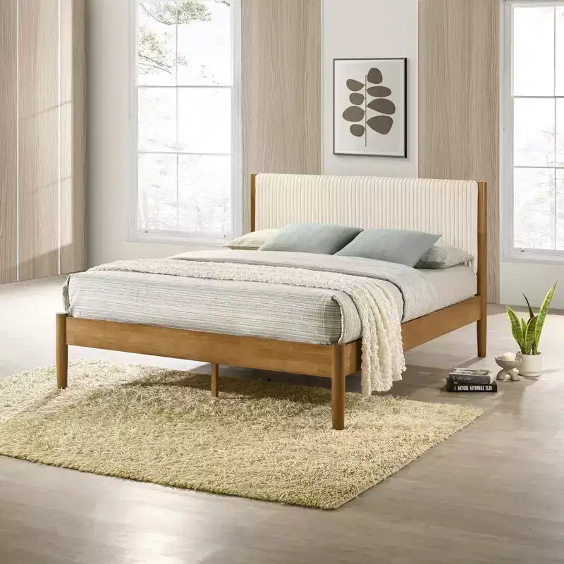 Ensemble de chambre à coucher 2 pièces en bois d'hévéa Vichy Roundhill Furniture, lit plateforme avec table de chevet