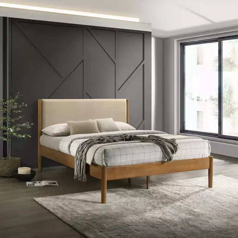 Ensemble de chambre à coucher 2 pièces en bois d'hévéa Vichy Roundhill Furniture, lit plateforme avec table de chevet
