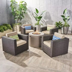 Christopher Knight Home Eli Ensemble de 5 pièces comprenant un fauteuil club pivotant et un foyer extérieur en osier avec coussins
