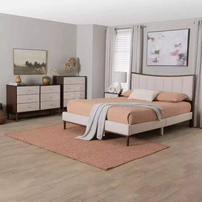 Baxton Studio Nikolai Mid-Century Channel Tufted Beige Fabric and Wenge Brown Wood 4-Piece Queen Bedroom Set